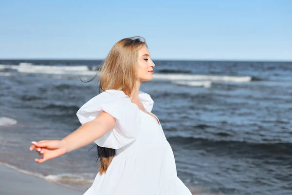 Happy Beautiful Woman Ocean Beach Standing White Summer Dress Open — Stock Photo, Image