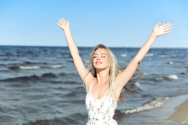 Happy Blonde Beautiful Woman Ocean Beach Standing White Summer Dress — Stock Photo, Image