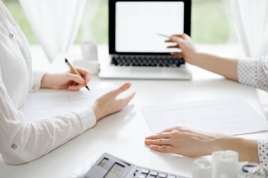 Beyaz masadaki vergileri saymak için dizüstü bilgisayar kullanan iki muhasebeci. İş kadını elinde kalemle ekranı işaret ediyor. İş denetimi ve finans alanında takım çalışması.