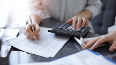 Müşteri ile vergileri sayıp tartışırken hesap makinesi ve dizüstü bilgisayar kullanan kadın muhasebeci. İş denetimi kavramları.