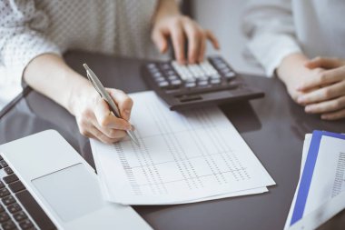 Müşteri için vergi sayarken hesap makinesi ve dizüstü bilgisayar kullanan kadın muhasebeci. İş denetimi kavramları.