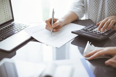 Müşteri ile vergileri sayıp tartışırken hesap makinesi ve dizüstü bilgisayar kullanan kadın muhasebeci. İş denetimi kavramları.