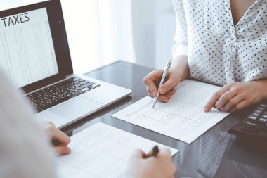 İki muhasebeci vergi veya gelir dengesi saymak için dizüstü bilgisayar kullanıyor. İş, denetim ve vergi kavramları.