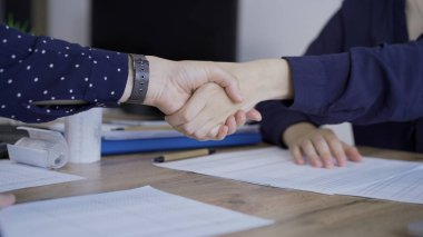 Mali belgeleri inceledikten sonra muhasebeciler ya da denetçiler el sıkışıyor. Teftiş ve vergiler, anlaşmanın sembolü olarak el sıkışma.