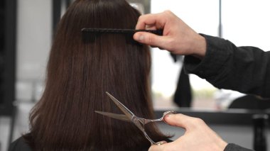 Profesyonel kuaför, parlak, kahverengi kadın saçlarını dikkatlice tarıyor ve parlak modern salon ortamında çalışırken profesyonel makas kullanarak kesiyor..
