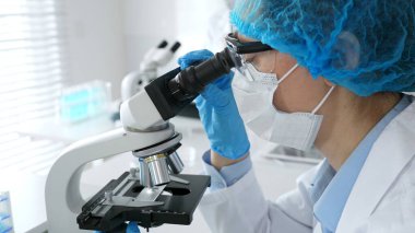 Maske takan ve mavi güvenlik donanımı takan kadın bir bilim adamı araştırma için mikroskop kullanırken erkek bir meslektaşı arka planda çalışıyor. Tıp, sağlık ve bilim konsepti.