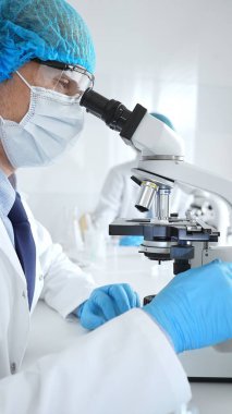 Koruyucu maske, şapka ve eldiven takan kıdemli erkek bilim adamı modern bir laboratuvarda mikroskop altında örnekleri inceliyor. Tıp, sağlık ve bilim konsepti.