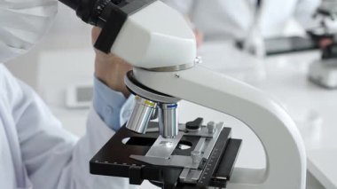 Parlak bir laboratuvarda mikroskobu ayarlarken ellerinizi kapatın ve bilimsel araştırmalara odaklanın. Tıp, sağlık ve bilim konsepti.