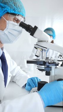 Koruyucu maske, şapka ve eldiven takan kıdemli erkek bilim adamı modern bir laboratuvarda mikroskop altında örnekleri inceliyor. Tıp, sağlık ve bilim konsepti.