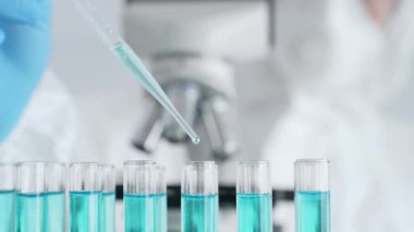 Mavi koruyucu eldivenler giyen bilimsel araştırmacıların ellerini kapatın. Tıbbi araştırma yaparken sıvıyı test tüplerine dikkatlice yerleştirin. Tıp ve bilim konsepti.