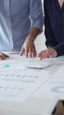 İş arkadaşları birlikte çalışıyor, finansal tabloları analiz ediyor ve bir ofis toplantısında şirket performansını tartışmak ve gelecekteki stratejileri planlamak için hesap makinesi kullanıyorlar..