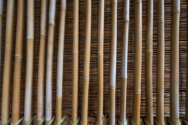 Bambu çubukları küçük bir Japon bahçe kulübesi için bir duvara dönüştürülmüş.. 