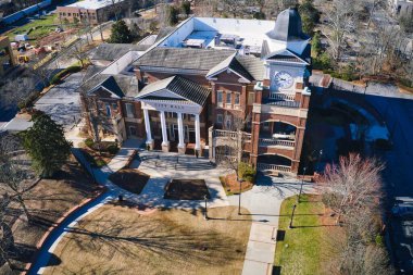 Aerial panoramic view of Duluth City Hall and Town Greene in downtown Duluth GA