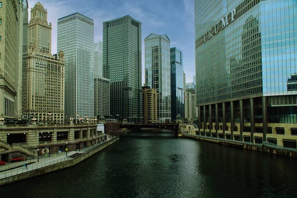 Chicago April 2023 Panoramic View Chicago Downtown Skyline River — Stock Photo, Image