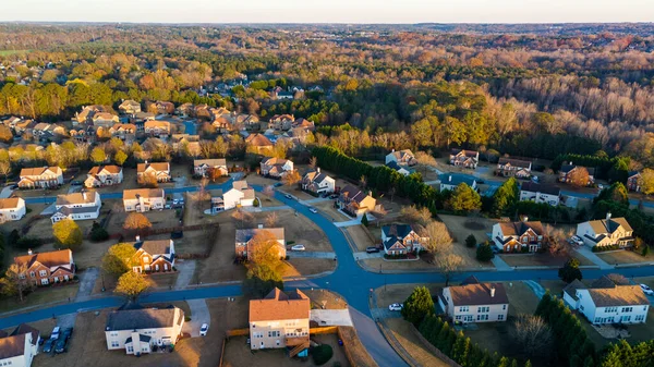 Aerial Panoramic View Upscale Subdivision Suburbs Usa Shot Golden Hour Royalty Free Stock Photos