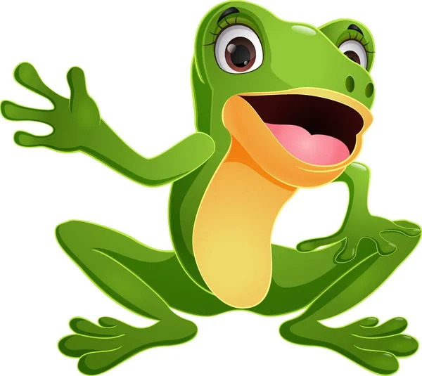 Şirin Mutlu Yeşil Kurbağa Sallamasının Vektör Çizimi — Stok Vektör