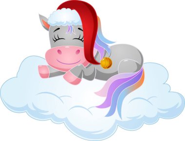 Bulutların üzerinde uyuyan şirin tek boynuzlu atın vektör çizimi