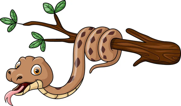 Vector Illustration Cute Brown Snake Cartoon Tree Branch — Stock Vector