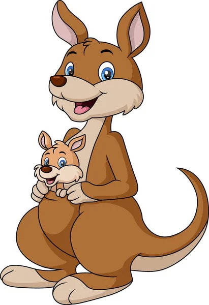 Vektor Ilustrasi Lucu Bahagia Kanguru Kartun Dengan Joey Bayi - Stok Vektor