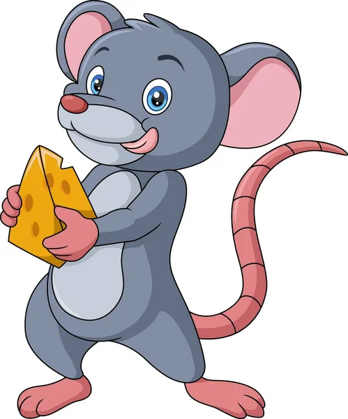 Vektor Ilustrasi Lucu Mouse Kartun Memegang Sepotong Keju - Stok Vektor