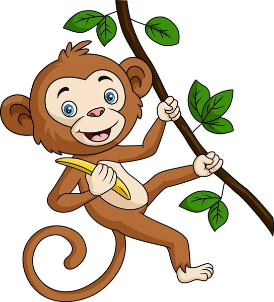 Ilustração Vetorial Desenho Animado Macaco Bonito Pendurado Segura Banana Galho —  Vetores de Stock