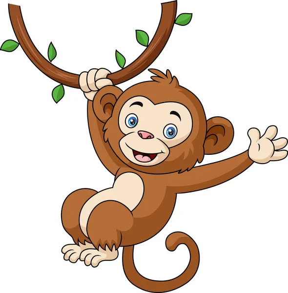 木の枝にぶら下がってかわいい猿の漫画のベクトルイラスト — ストックベクタ