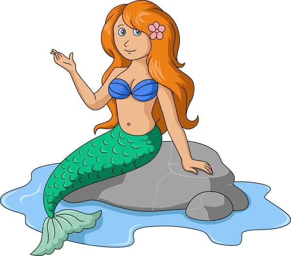 Vector Illustration Cute Mermaid Cartoon Sitting Rock — Stock Vector