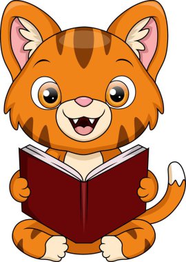 Kitap okuyan şirin kedi çizgi filminin vektör çizimi