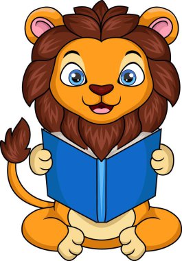 Bir kitap okuyan şirin aslan çizgi filminin vektör çizimi