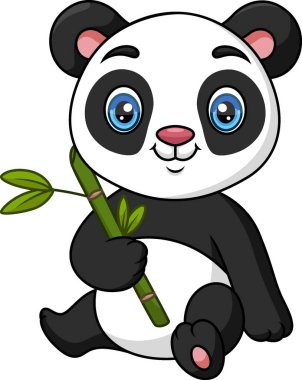 Elinde bambu yaprakları olan şirin bebek panda çizimi.