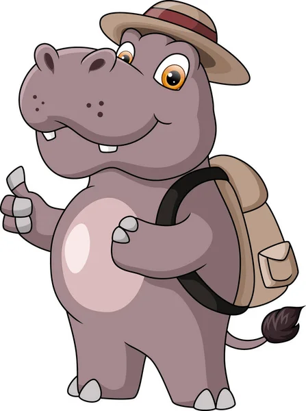 Illustration Vectorielle Hippo Explorateur Aventurier Mignon Avec Chapeau Sac Dos — Image vectorielle
