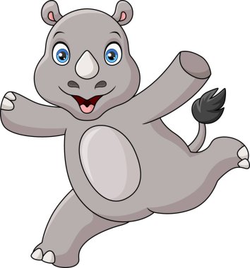 Beyaz arka planda dans eden şirin gergedan çizgi filminin vektör çizimi