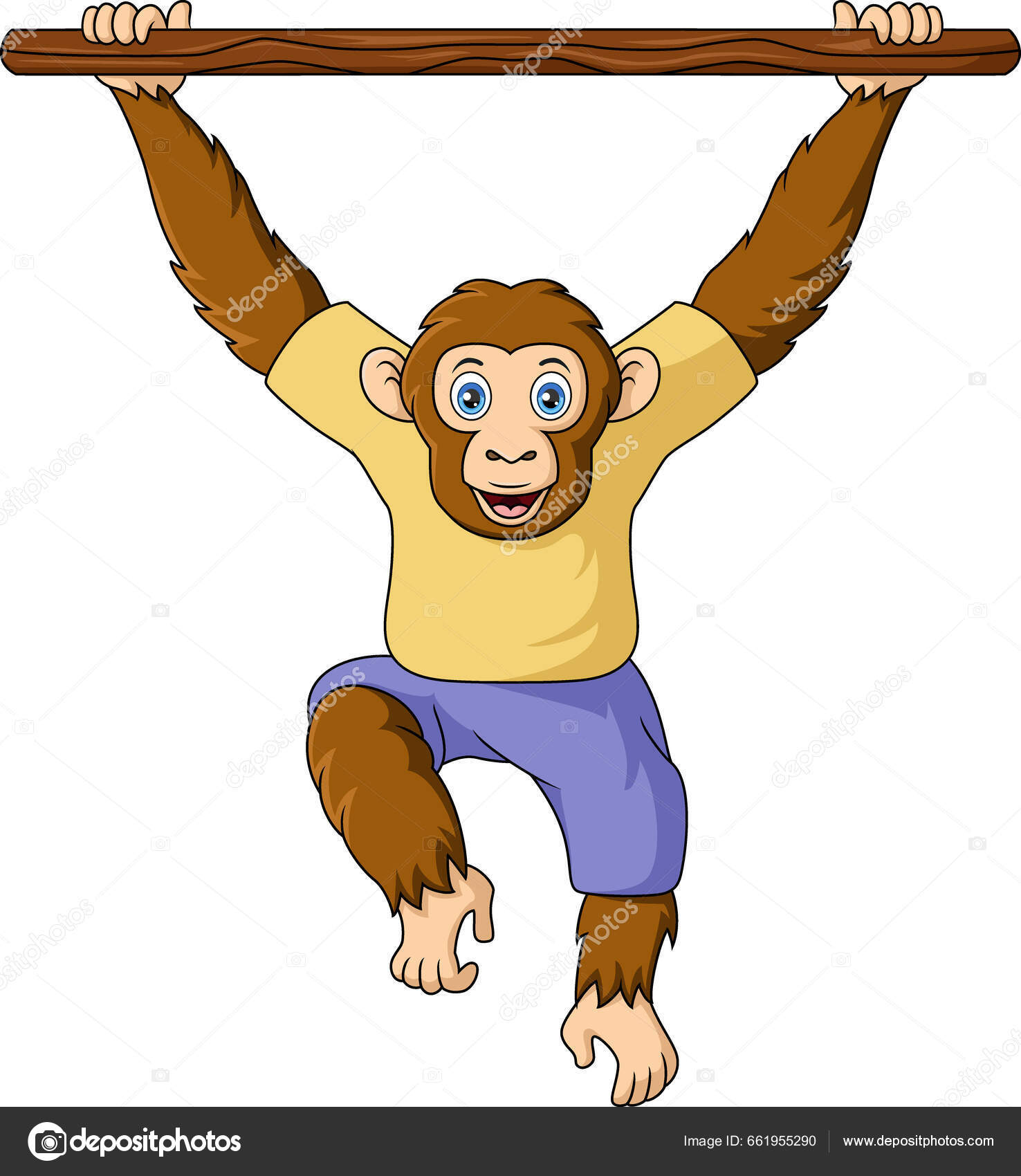 Macaco de bebê dos desenhos animados, pendurado em um galho de árvore