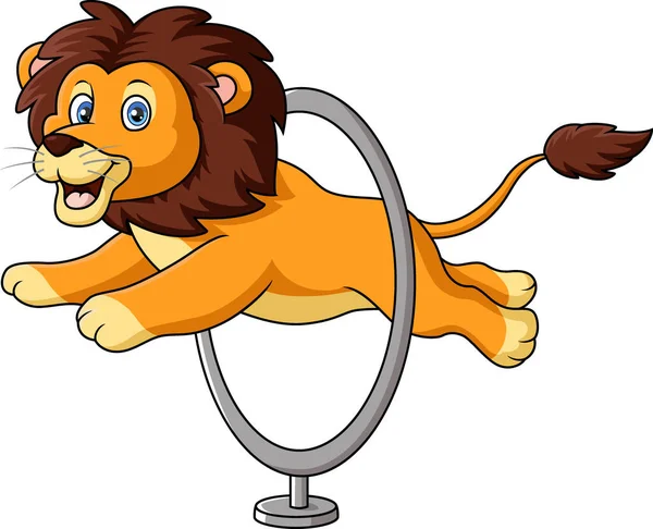 キュートなライオンがリングを飛び越えるベクトルイラスト — ストックベクタ