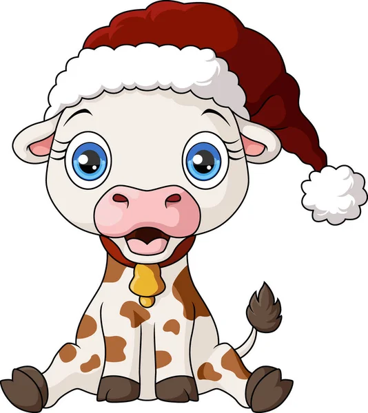 Ilustración Vectorial Dibujos Animados Vaca Linda Con Sombrero Santa — Vector de stock