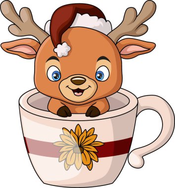 Şirin Noel 'in vektör çizimi. Fincanda küçük bir geyik karikatürü.