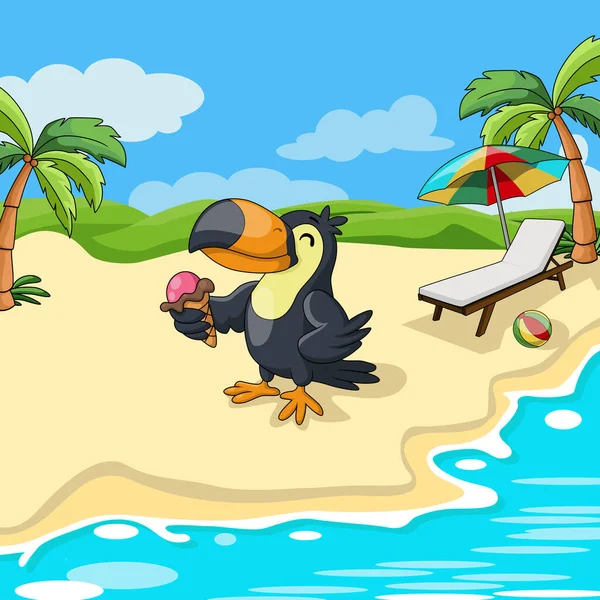 Illustrazione Vettoriale Carino Toucan Cartone Animato Mangiare Gelato Sulla Spiaggia — Vettoriale Stock