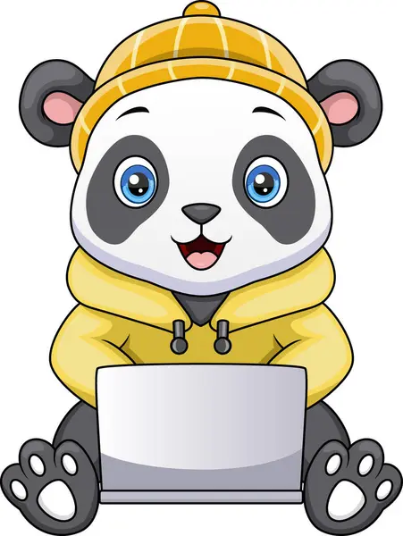 stock vector Vector illustration of Cute little panda cartoon working on laptop