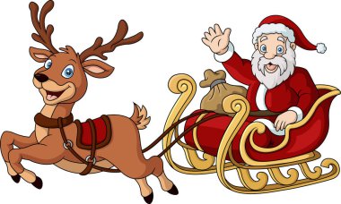 Ren geyiği kızağıyla Şirin Noel Baba çizgi filminin vektör çizimi