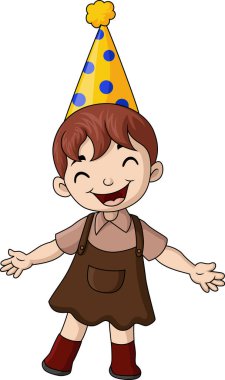 Parti şapkası takan şirin küçük kız çizgi filminin vektör çizimi