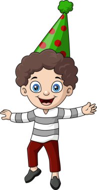 Parti şapkası takan şirin çocuk çizgi filminin vektör çizimi.