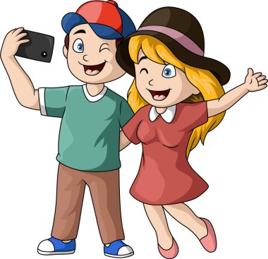 Şirin küçük kız ve oğlanın vektör illüstrasyonu selfie çekiyor.