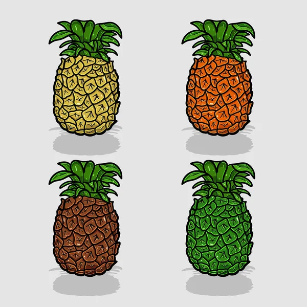 Desenho Animado Abacaxi Com Quatro Cores Diferentes Efeito Simples — Vetor de Stock