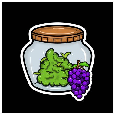 Kavanozda Ot Bud 'ın çizgi film maskotuyla üzüm aromalı. Etiket ve Etiket İçin.