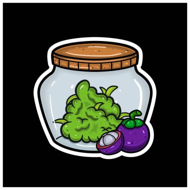 Mangosteen Fruit Flavor With Cartoon Mascot of Weed Bud On Jar. For Sticker and label.