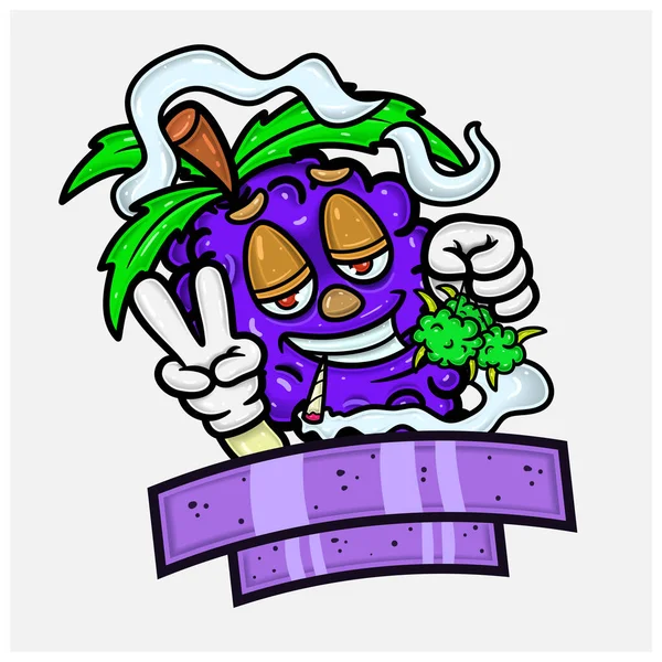 Grape Fruit Mascot Cartoon Characters Weed Bud Smoke Blank Sign — 스톡 벡터