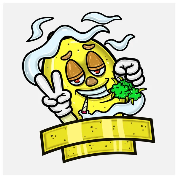 莱蒙水果吉祥物卡通人物与杂草 吸烟和空白标志标签 — 图库矢量图片