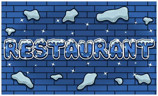 Restaurant Lettering Snow Ice Font Brick Wall Sfondo Modello Segno — Vettoriale Stock