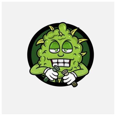 Zemin Karakterlerinde Bonglu Ot Bud 'ın daire logosu. Maskot Logosu, Tshirt Tasarımı, İş, Kapak, Etiket ve Paketleme Ürünleri için. 