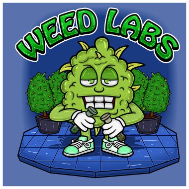 Bud 'ın Zemin Karakterleri Çizgifilminde Bonglu Esrar. Maskot Logosu, Tshirt Tasarımı, İş, Kapak, Etiket ve Paketleme Ürünleri için. 